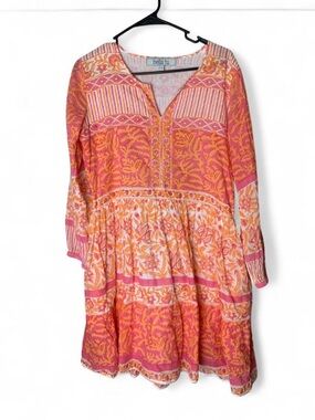 BELLA TU Boho Hand-Block Print 100% Cotton Tiered Tunic Dress - Small